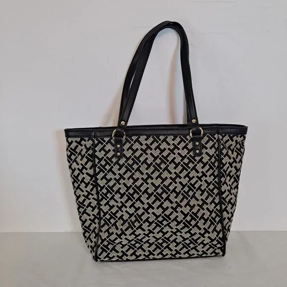 Tommy Hilfiger Shopper Tote Bag Signature TH Pattern Black 9-1/2"×10"×2-1/2" - Picture 2 of 15